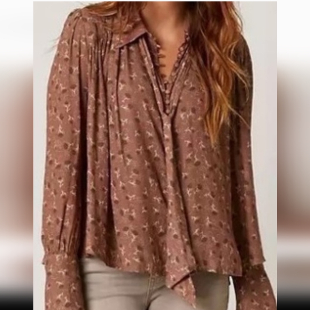Free People Brown and Tan Notched Collar Blouse